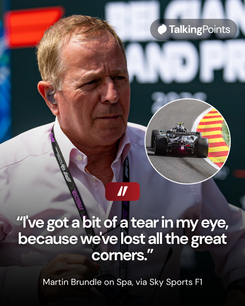 Martin Brundle walks in the Belgian Grand Prix paddock; inset of Mercedes driver Kimi Antonelli at Eau Rouge
