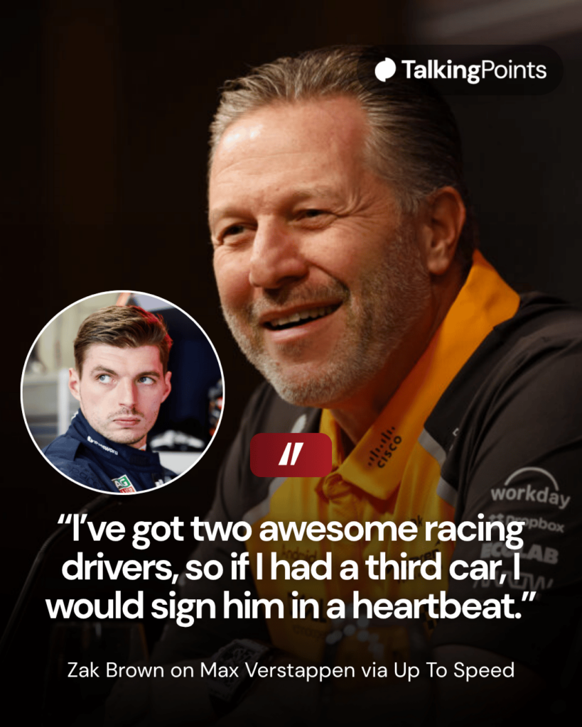 McLaren CEO Zak Brown at a press conference at F1 75 Live, inset Max Verstappen
