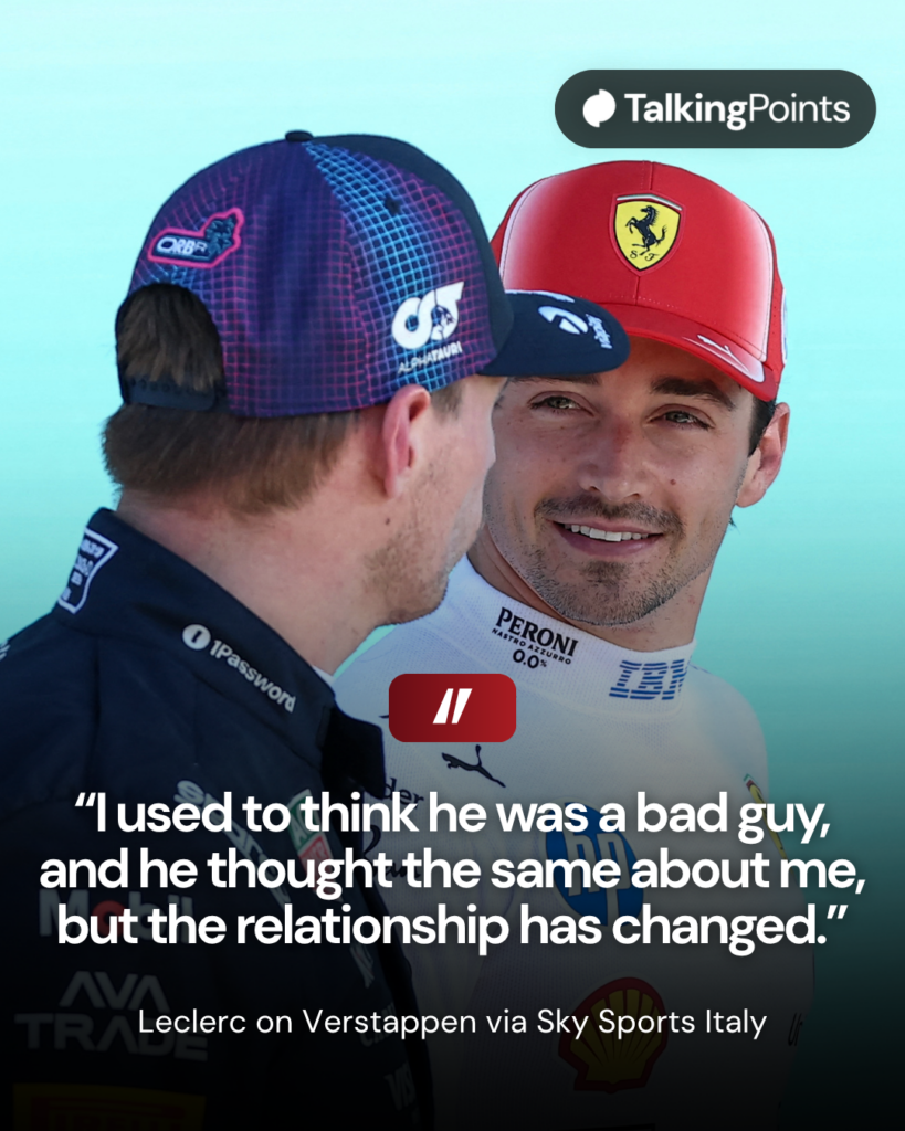 Red Bull driver Max Verstappen speaks with Ferrari's Charles Leclerc in parc ferme after qualifying for the 2026 F1 Miami Grand Prix