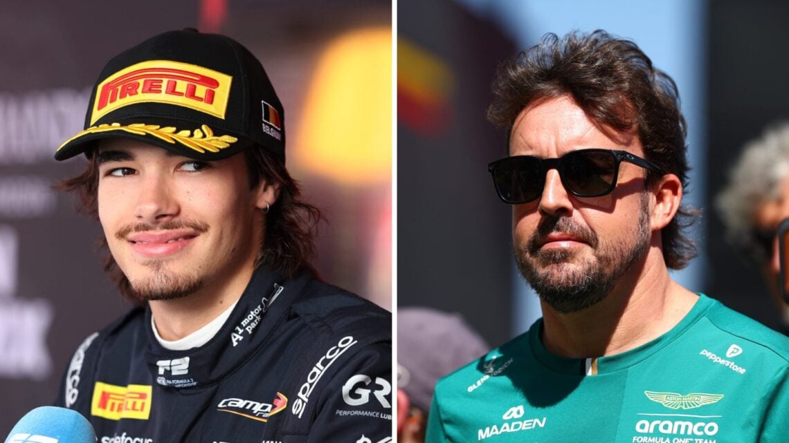 Nikola Tsolov speaking to the media after a Formula 2 session (left), Fernando Alonso walking through the F1 paddock (right)