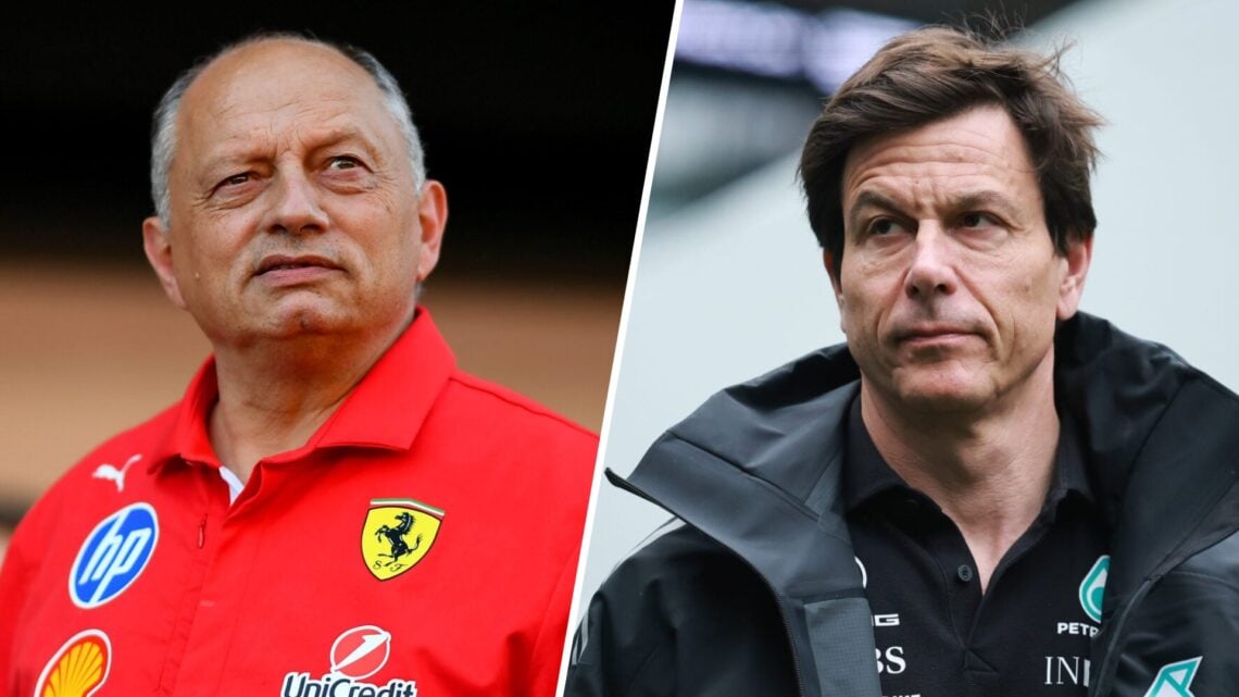 Ferrari team principal Fred Vasseur in the 2026 F1 Barcelona-Catalunya Grand Prix pit lane and Mercedes boss Toto Wolff in the Miami GP paddock
